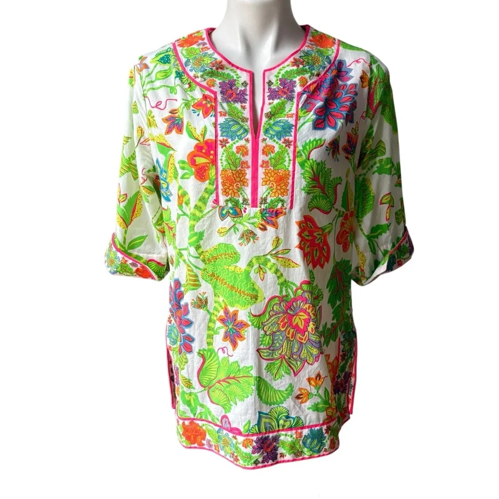 Gretchen Scott - Glorious Split Neck Tunic in Multi Bright, Sz S - Picture 2 of 13